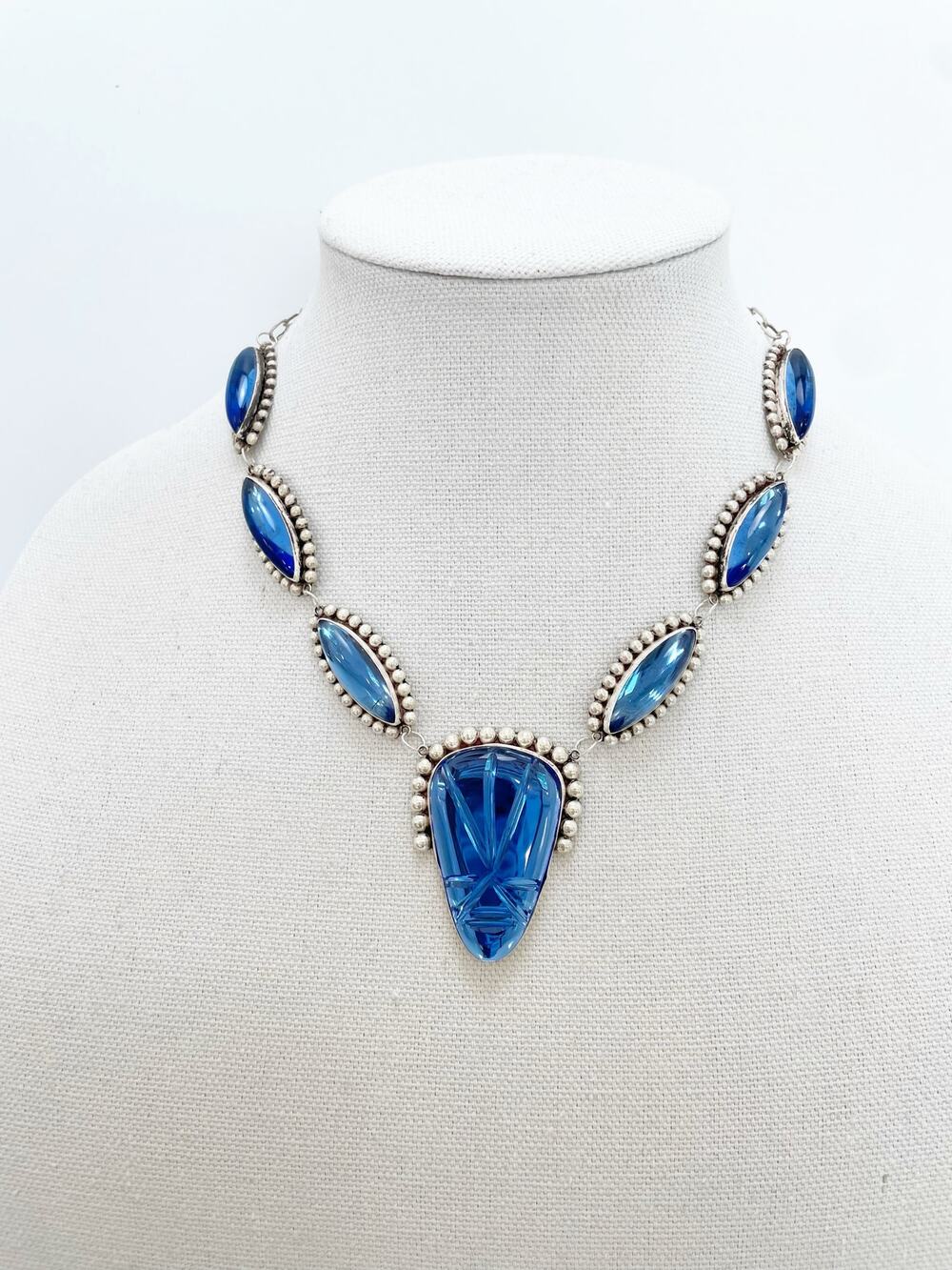 Hecho En Mexico Vintage Sterling Silver Blue Glass Statement Necklace